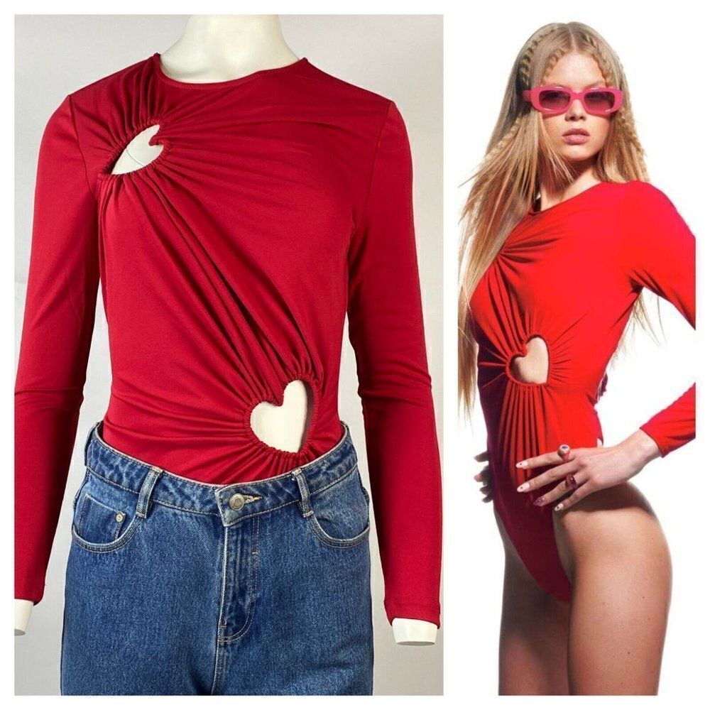RED CUT OUT  BODYSUIT TOP HEARTS